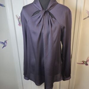 Banana Republic Petite L Satin Twist Neck Long Sleeve Blouse Purple Career Wear